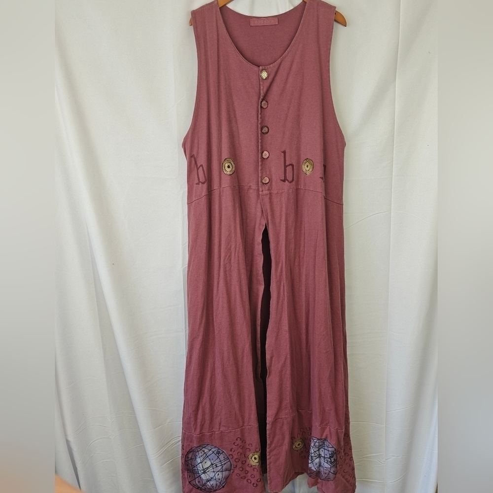 VTG Blue Fish Sleeveless Jumper Long Button Vest Hand Painted Cotton Size XL